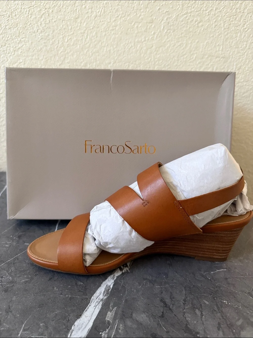 Franco Sarto Tan Leather Wedge Sandals